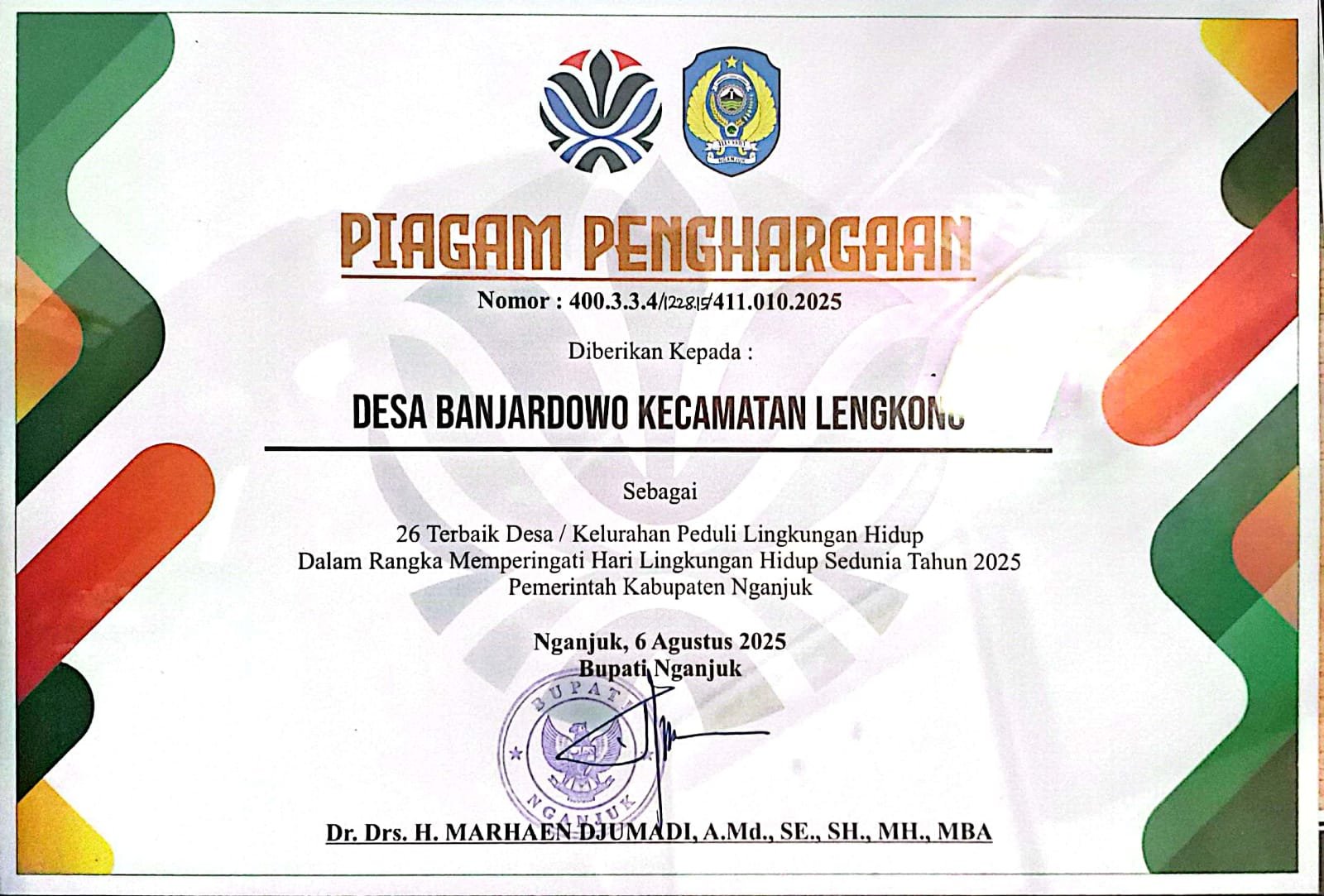 Desa Banjardowo Memperoleh Piagam Penghargaan Sebagai 26 Desa/Kelurahan Terbaik